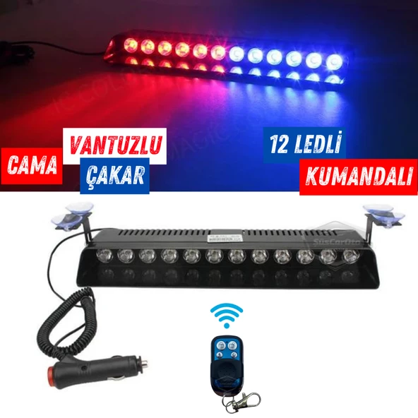 S12 Kumandalı Cam İçi Vantuzlu Polis Çakar Lamba İkaz Lambası 12 Ledli 14 Farklı Mod Kablosuz Kırmızı Mavi Çakmaklık Girişli ürün görseli 1