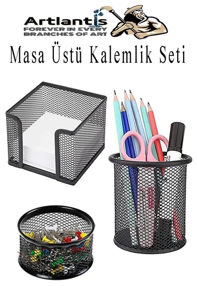 Masa Üstü Siyah Fileli Kalemlik Seti 3 Parça 1 Paket 3 lü Masa Üstü Düzenleyici Kalemlik Küp Notluk Ataşlık ürün görseli 1