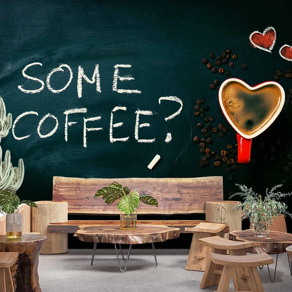 Kahve Bardağı ve Yazı Temalı Cafe Duvar Kağıdı Baskı ürün görseli 1