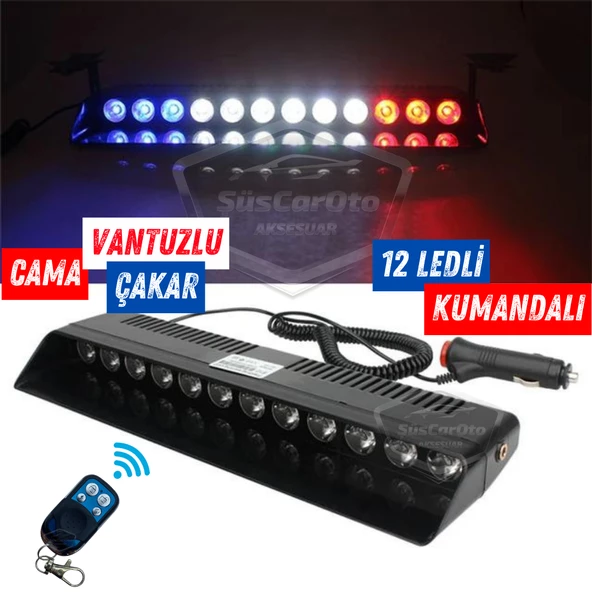 S12 Kumandalı Cam İçi Vantuzlu Polis Çakar Lamba İkaz Lambası 12 Ledli 14 Farklı Mod Kablosuz Kırmızı Beyaz Mavi 3 Renk Çakmaklık Girişli ürün görseli 1
