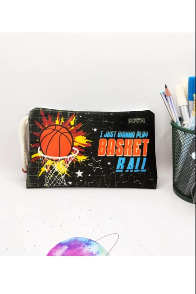 Basketbol Topu Desenli Kalem Kutusu Yıkanabilir Bez Kalemlik ürün görseli 1