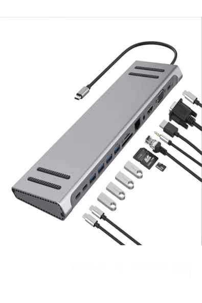 BAYINDIRELEKTRONİK 14 In 1 Macbook Uyumlu Type-C Hub USB 3.0-SD/TF-RJ45-HDMI-VGA-USB-C 60W Dönüştürücü ürün görseli 1