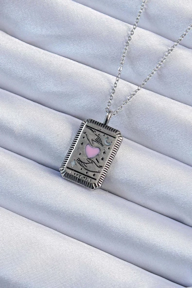 Eskitme Gümüş Renk Pembe Mineli Kalp Figürlü Tarot Kolye - EBJ240920W28216 ürün görseli 1