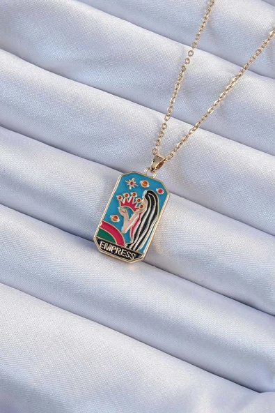 Altın Renk Taç ve Kız Figürlü Renkli Mineli Tarot Kolye - EBJ240920W28213 ürün görseli 1