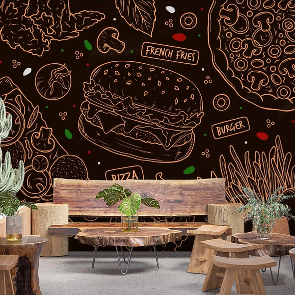 Hamburger Temalı Cafe Duvar Kağıdı Baskı ürün görseli 1