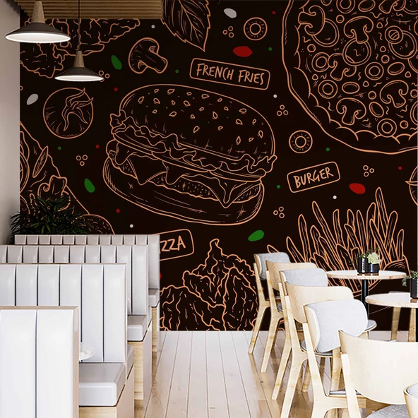 Hamburger Temalı Cafe Duvar Kağıdı Baskı - Resim 2
