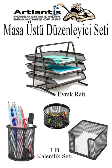 Masa Üstü Siyah Fileli Kalemlik ve 3 Katlı Evrak Rafı 4 Parça 1 Paket 4 lü Masa Üstü Düzenleyici Kalemlik Küp Notluk Ataşlık ürün görseli 1
