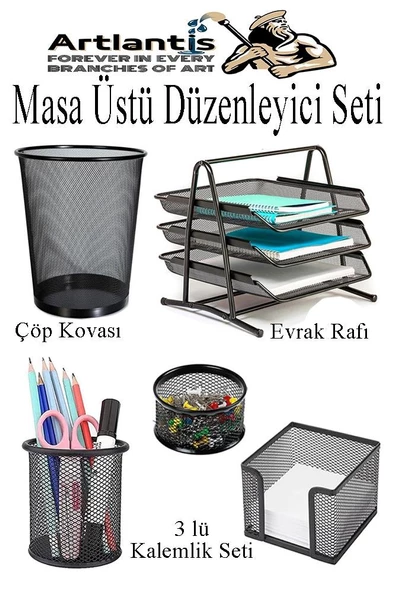 Masa Üstü Siyah Fileli Kalemlik Çöp Kovası ve 3 Katlı Evrak Rafı 5 Parça 1 Paket 5 li Masa Üstü Düzenleyici Kalemlik Küp Notluk Ataşlık ürün görseli 1