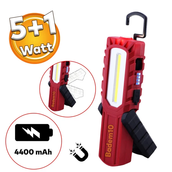 Mıknatıslı İş Lambası Led El Feneri Askılı Işıldak Kamp Lambası 5+1 W Şarjlı Gece Lambası 4400 mAh ürün görseli 1