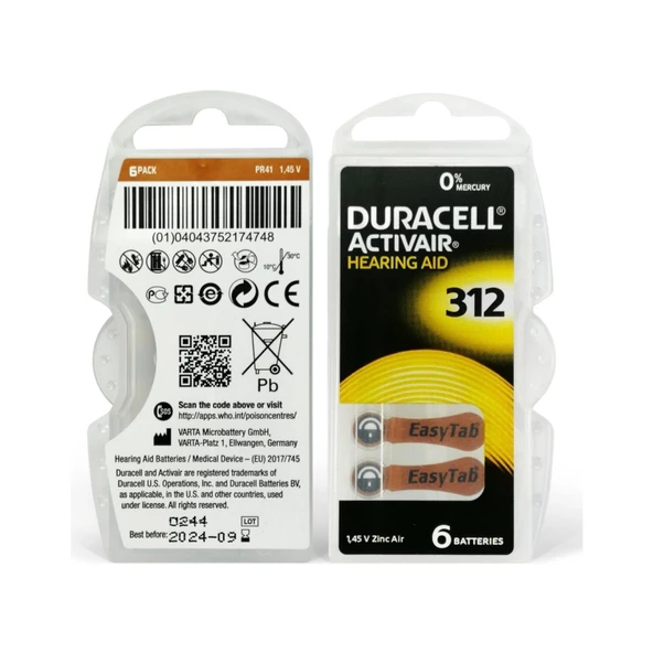 Duracell 312 Numara Işitme Cihazı Pili 6'lı ürün görseli 1