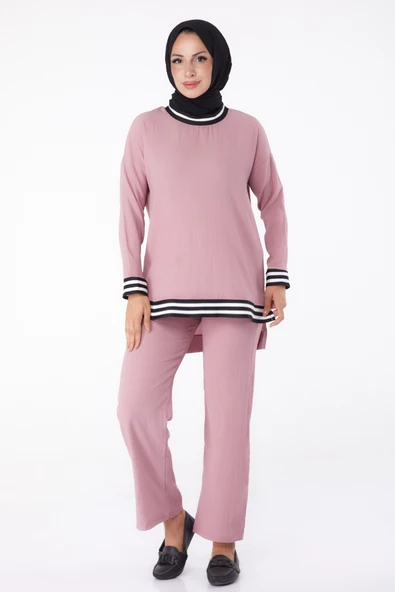 Düz Bisiklet Yaka Kadın Pembe Tunik Pantolon - 11321 ürün görseli 1
