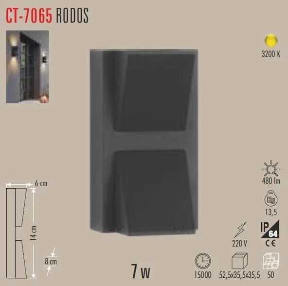 CATA 7w Rodos Çift Yönlü Led Bahçe Duvar Aplik Günışığı 3200k IP44 220 Volt ürün görseli 1