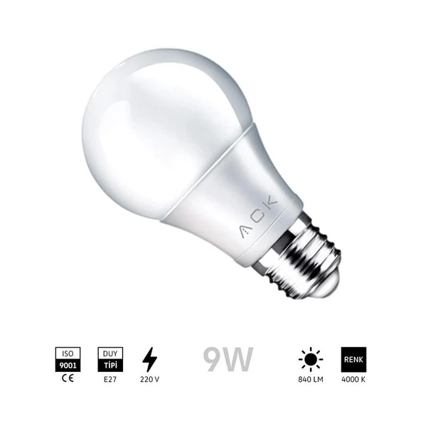 ACK E-27 9w Led Ampul GÜNIŞIĞI Işık 4000k 880lm 220 Volt (9w Tüketim 70w Değerinde ışık) ürün görseli 1