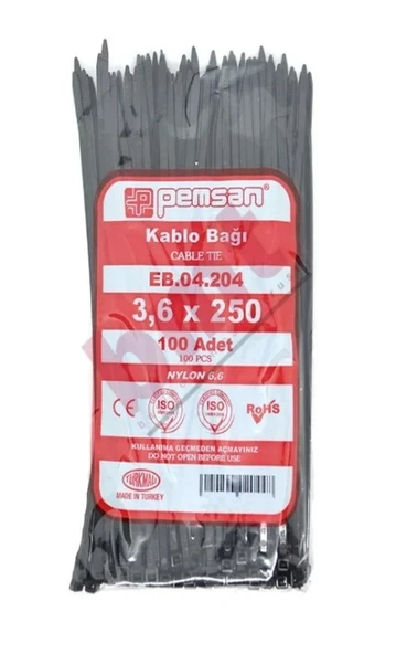 PEMSAN Klips Kablo Bağı 3.6x250 SİYAH (100lü Paket) Kablo Cırdı ürün görseli 1