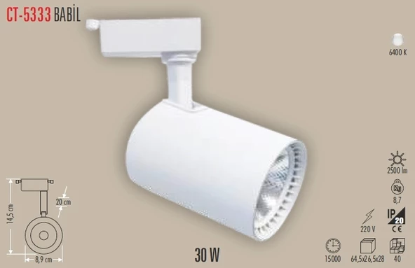 CATA 30w Babil BEYAZ Işık BEYAZ Kasa Led Ray Spot Armatür 3200K (Plastik Kasa) ürün görseli 1