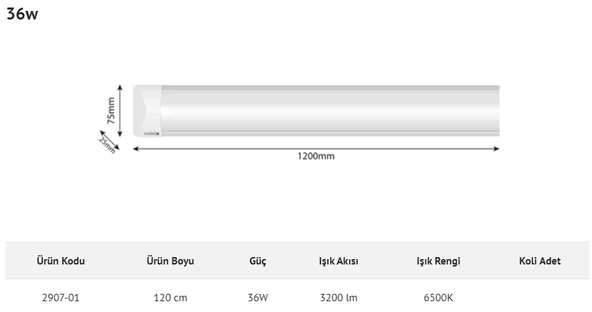 İNOLED 120cm 36W Led Bant Armatür BEYAZ 6500K IP40 ürün görseli 1