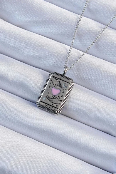 316L Çelik Zincir Eskitme Gümüş Renk Pembe Mineli Kalp Figürlü Tarot Kolye ürün görseli 1