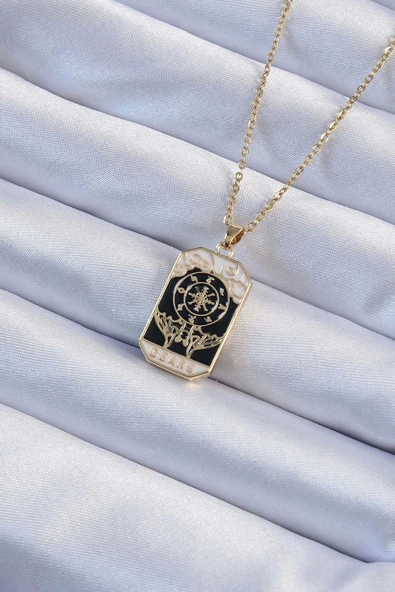 316L Çelik Zincir Altın Renk İşlemeli Siyah Mineli Tarot Kolye ürün görseli 1