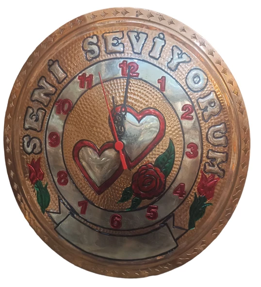 Bakır Duvar Saati Kişiye özel Seni Seviyorum Yazılı ikiz Kalpli Bakır Duvar Saati Özel El İşlemesi Bakır Duvar Saati Safir Çay Kazanları ürün görseli 1