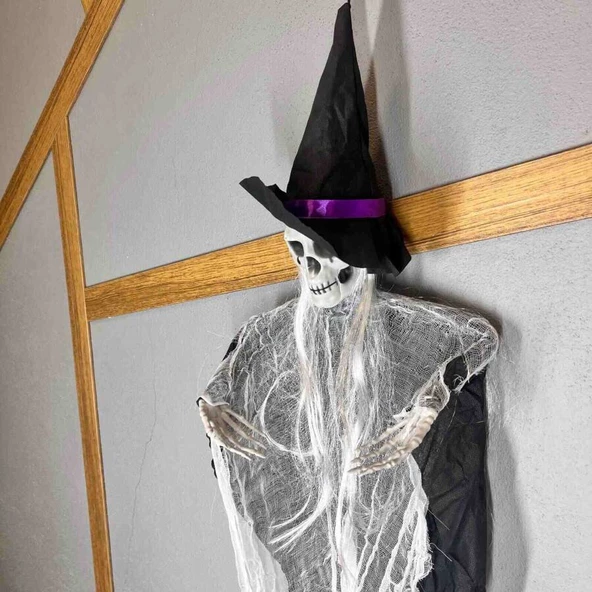 Halloween İskelet Korkuluk Şapkalı Saçlı 100 Cm Siyah ürün görseli 1