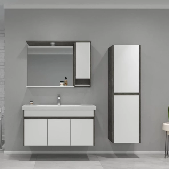 Orka Aydos 100 cm Retro Gümüş/Beyaz Banyo Dolabı Takımı ve Boy Dolabı ürün görseli 1
