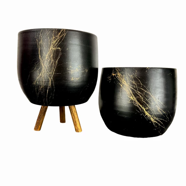 Bitki Tasarımı Siyah Üzeri Gold Mermer Efektli Toprak Saksı Saksılık Salon Çiçeklik İkili Set Ayaksız - 3 Ayaklı- 19 CM ürün görseli 1