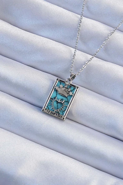 316L Çelik Zincir Gümüş Renk Zirkon Taşlı Mavi Mermer Desenli Taç Model Tarot Kolye TJ-BKO9244 ürün görseli 1