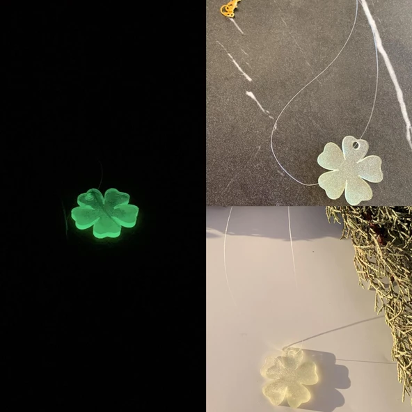 Fosforlu Neon Şeffaf Yeşil Renk Gold Aksesuarlı Yonca Şekil Epoksi Kolye El Yapımı ürün görseli 1