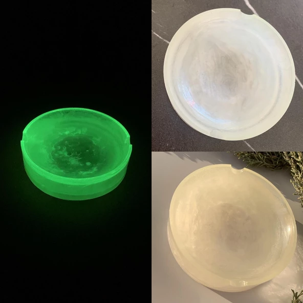 Beyaz Sedefli Renk Yuvarlak Yeşil Neon Renkli Fosforlu Epoksi Küllük El Yapımı Hediyelik ürün görseli 1
