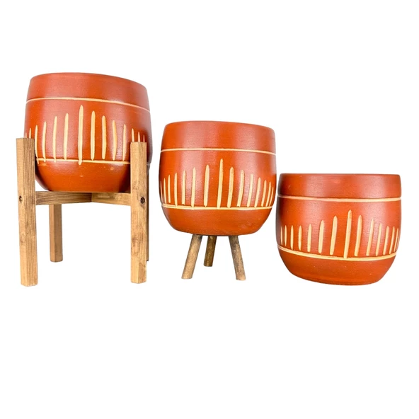 Bitki Tasarımı Beyaz Nokta Desenli Toprak Saksı Saksılık Salon Çiçeklik Üçlü Set - 19 CM ürün görseli 1