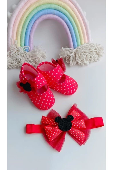 VaVbaby Polka Miki Puantiyeli Kız Bebek Bandana ve Ayakkabı 0-6 Ay Şirin Sevimli Rahat Yumuşak Taban ürün görseli 1