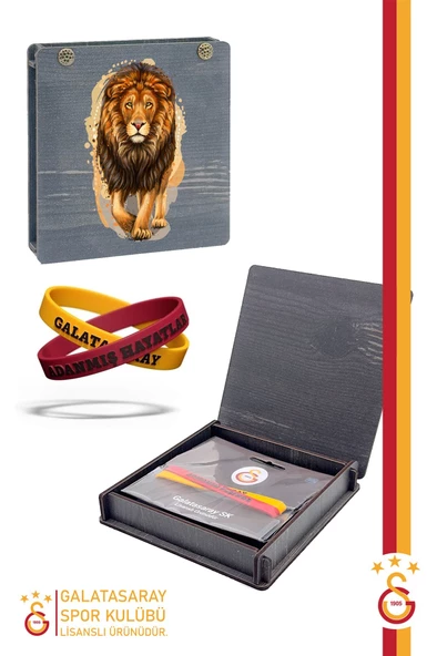 Galatasaray Orijinal Lisanslı 2'li Silikon Bileklik Aslan Baskılı Hediyelik Ahşap Kutulu ürün görseli 1