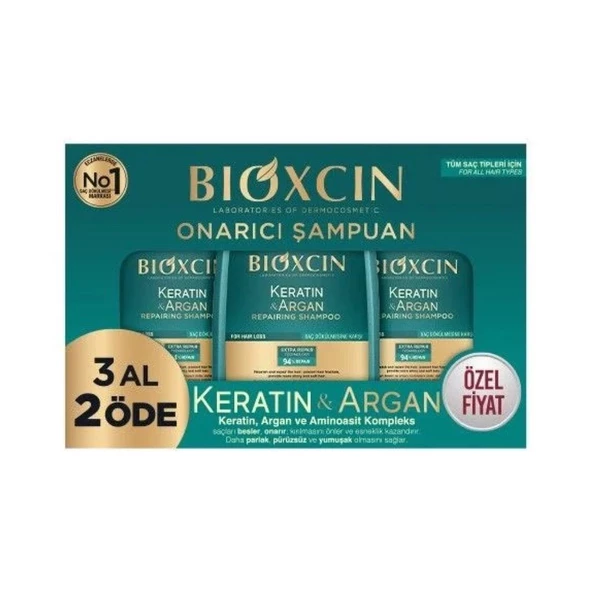 Bioxcin 3 Al 2 Öde 3 x 300 ml Keratin & Argan Onarıcı Şampuan ürün görseli 1