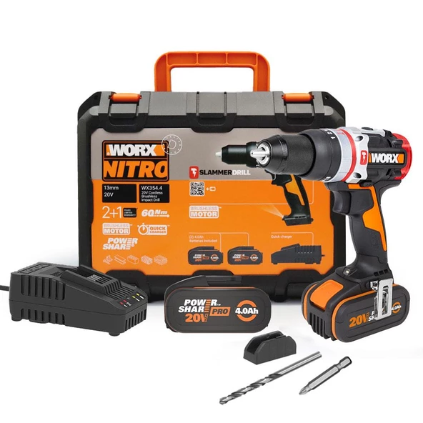 WORX WX354.4 20Volt/4.0Ah Li-ion Çift Akülü Kömürsüz Profesyonel Şarjlı Darbeli Matkap ürün görseli 1