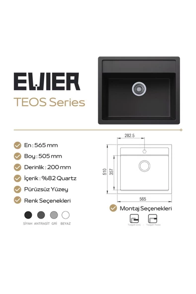 Evıer Granit Evye Teos Series White (Beyaz) - Resim 4