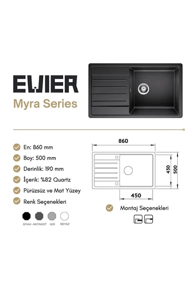 EVIER Granit Evye Myra Series Grey (Gri) - Resim 6