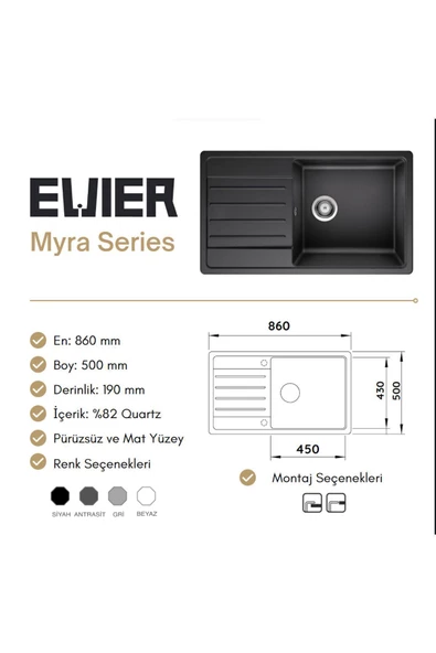 Evıer Granit Evye Myra Series Antrasite (Antrasit) - Resim 4