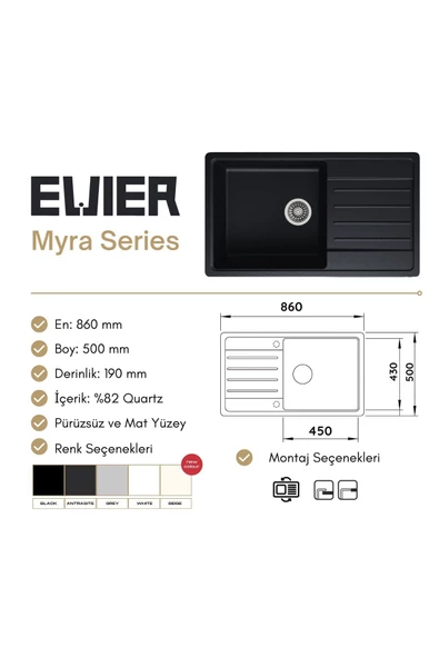 Evıer Granit Evye Myra Series Beige - Bej (Krem) 86X50 - Resim 3