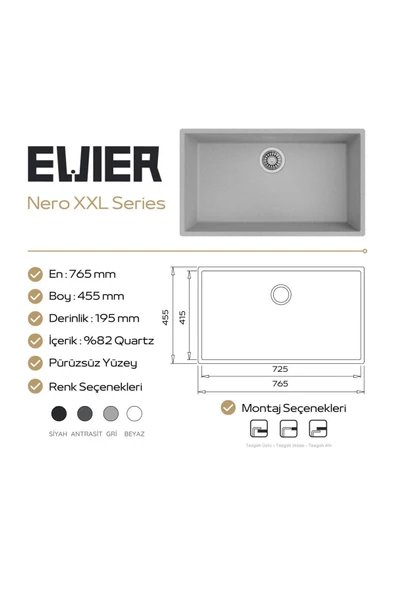 EVIER Granit Evye Nero Xxl Antrasite (Antrasit) - Resim 3