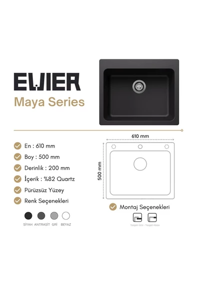 EVIER Granit Evye Maya Series Black (Siyah) - Resim 5