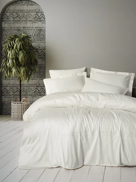 Cotton Box Nakışlı Saten Çift Kişilik Nevresim Takımı Luxe Ekru ürün görseli 1