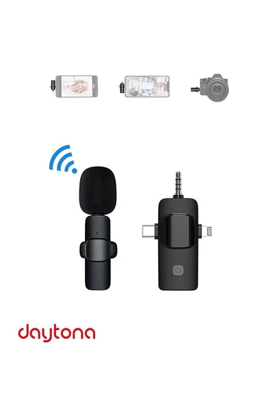Daytona K9 Wireless 3ın1 Kablosuz Type-c - Lightning -3,5mm Jak Tekli Yaka Mikrofonu K9-c1 ürün görseli 1