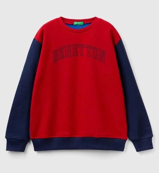 United Colors of Benetton Erkek Çocuk Mix Slogan Baskılı Renk Bloklu Sweatshirt Kırmızı Mix ürün görseli 1