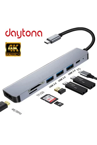 Daytona FC-17 Type-C To 3Xusb 3.0 4K Ultra Hd HDMI Sd Tf Kart Girişli 7ın1 Çevirici Hub Adaptör ürün görseli 1