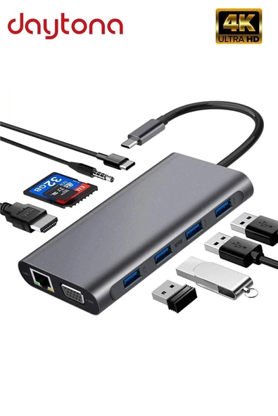 Daytona Cf31 Type-c Usb-c To 4xusb3.0 4k Hdmı Vga 100 Mbps Rj45 Pd Aux Sd Tf Kart 11ın1 Çevirici ürün görseli 1