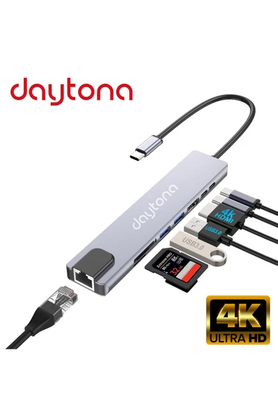 Daytona Cf10 8 In 1 Type-c To 4k Hdmı 1080p 2 type-c 2 usb 3.0 Ethernet Lan 2sd Adaptör ürün görseli 1