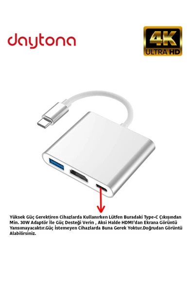 Daytona Cf01 3in1 Type-c To Hdmı Usb 3.0 Projeksiyon Görüntü Yansıtıcı Dönüştürücü - Sılver ürün görseli 1