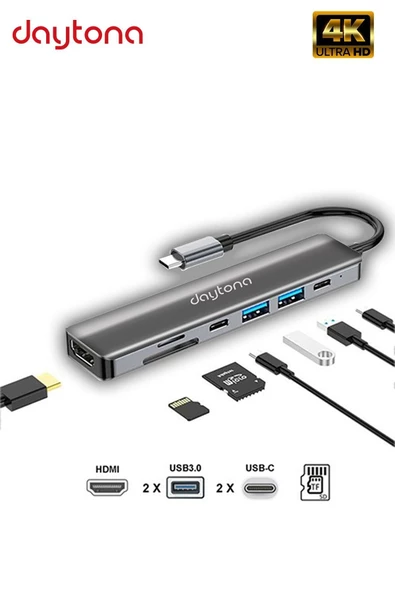 Daytona Cf08 Macbook Uyumlu Type-c To 4k 1080p Uhd Hdmı Type-c Pd Şarj 2 Usb3 Çevirici Hub Adaptör ürün görseli 1