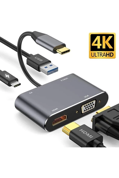 Daytona Cf02 4in1 Macbook Uyumlu Type-c To 4k Hdmı/vga/pd Şarj/usb3.0 Hub Adaptör ürün görseli 1
