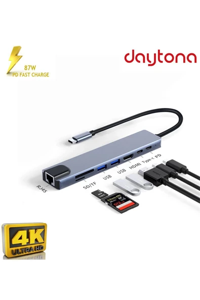 Daytona Cf04 Macbook Uyumlu Type-c To 4k Hdmı Usb 3.0 Ethernet 8ın1 Çevirici Hub Adaptör ürün görseli 1